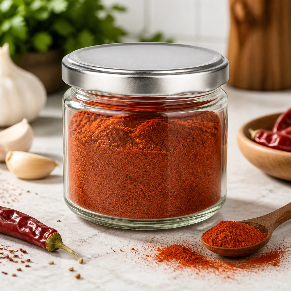 Barattolo rotondo da 330 ml con coperchio BasicSeal riempito di paprika in polvere in cucina ambiente contenitore per spezie barattolo di stoccaggio