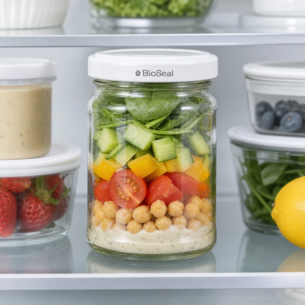 205ml Verre rond avec couvercle BioSeal blanc UNiTWIST UNiTWIST Runda205 avec couvercle TO58 BioSeal comme bocal Meal-Prep au réfrigérateur rempli de salade et de pois chiches
