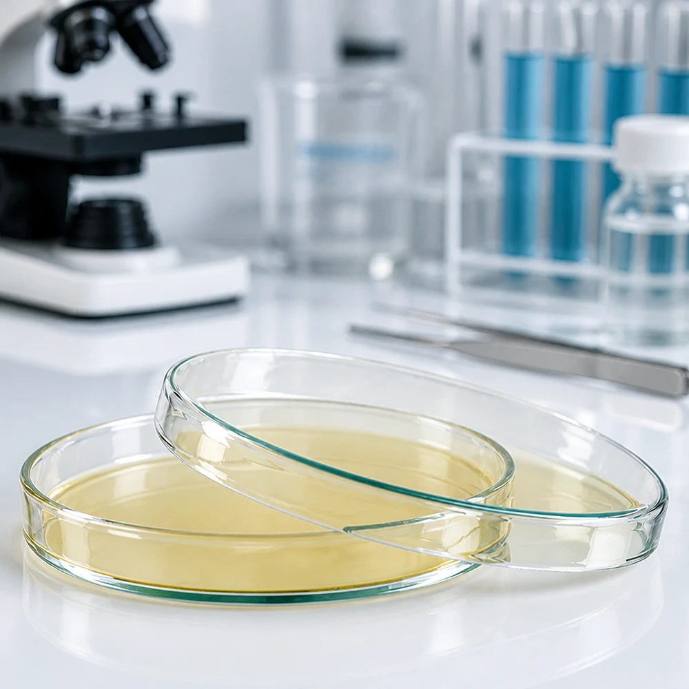 Petrischale 120x20mm Glas Petrischalen aus Glas 120x20mm mit Agar auf weißer Laborfläche neben Pinzette und Reagenzgläsern
