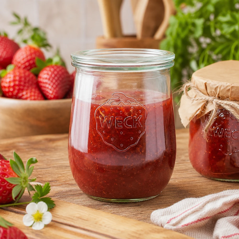 Barattolo a tulipano da 1062 ml con coperchio in vetro WECK RR100 Vaso da conserva WECK da 1062 ml pieno di marmellata di fragole su tavola di legno accanto a fragole fresche e telo da cucina