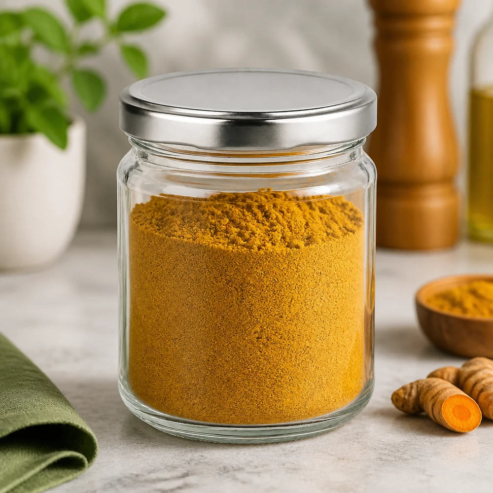 212ml Rundglas + BasicSeal Deckel silber TO63 UNiTWIST Il barattolo rotondo da 212 ml con coperchio BasicSeal riempito di curcuma in polvere mostra la conservazione delle spezie in cucina