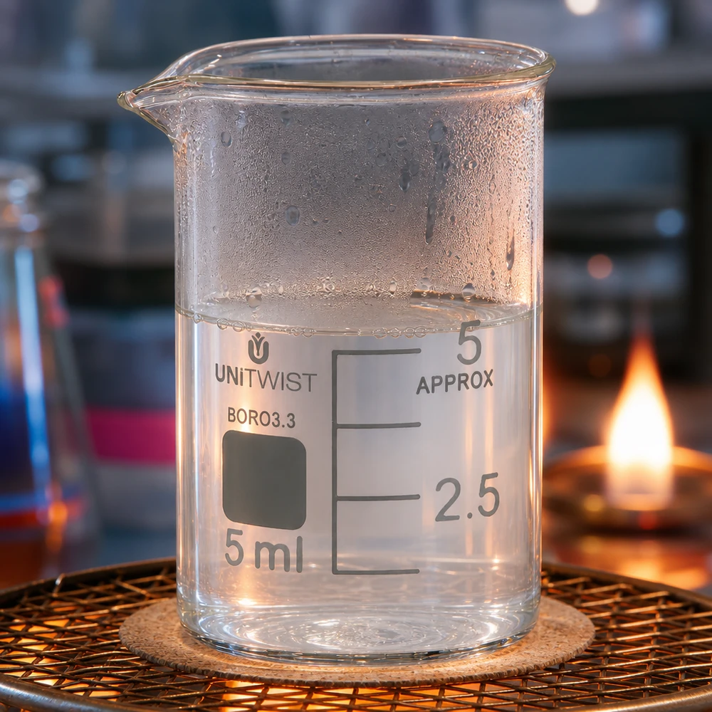 Bicchiere 5ml in borosilicato, forma bassa UNiTWIST Bicchiere da laboratorio UNiTWIST da 5 ml in vetro borosilicato, di forma bassa, posto su una rete metallica e riscaldato sopra un becco Bunsen