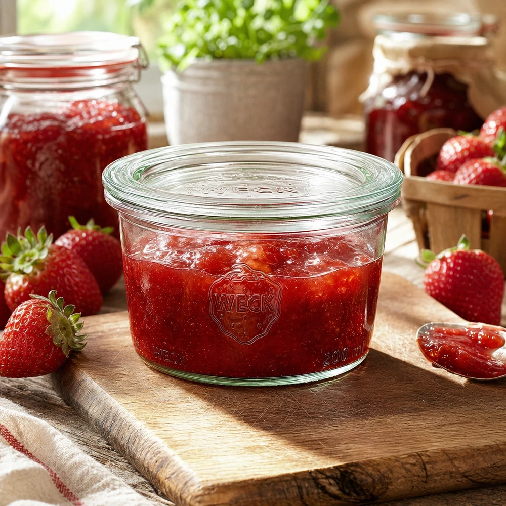 200ml Sturzglas mit Glasdeckel WECK RR80 WECK Sturzglas 200ml RR80 mit selbstgemachter Erdbeermarmelade gefüllt auf Holzbrett mit frischen Erdbeeren