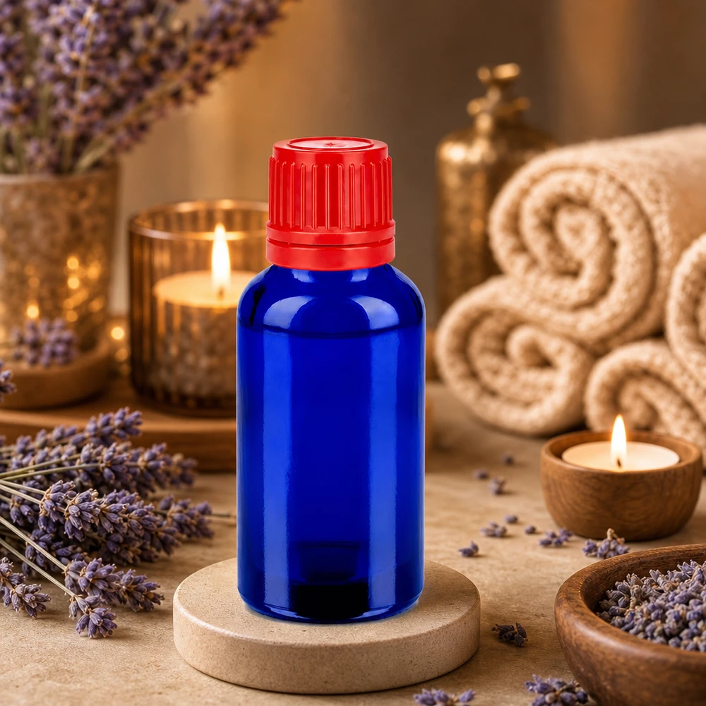 Flacone da laboratorio da 30 ml con filettatura UT18 e tappo di sicurezza rosso per soluzioni sterili
