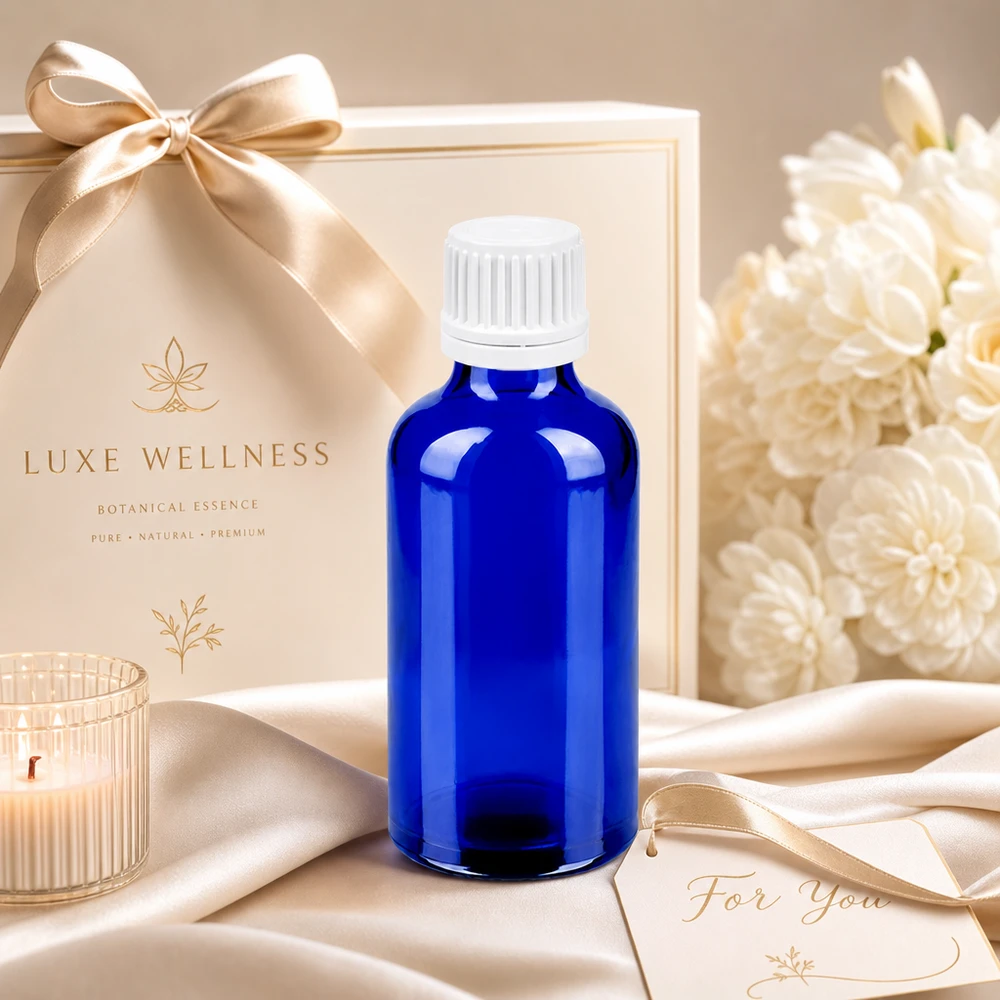 50ml Flasche 11mm Schraubverschluss weiß Originalitätsverschluss BlueLine UT18/50 Lichtschützende blaue Glasflasche 50ml mit auslaufsicherem Verschluss für Beauty-Öle