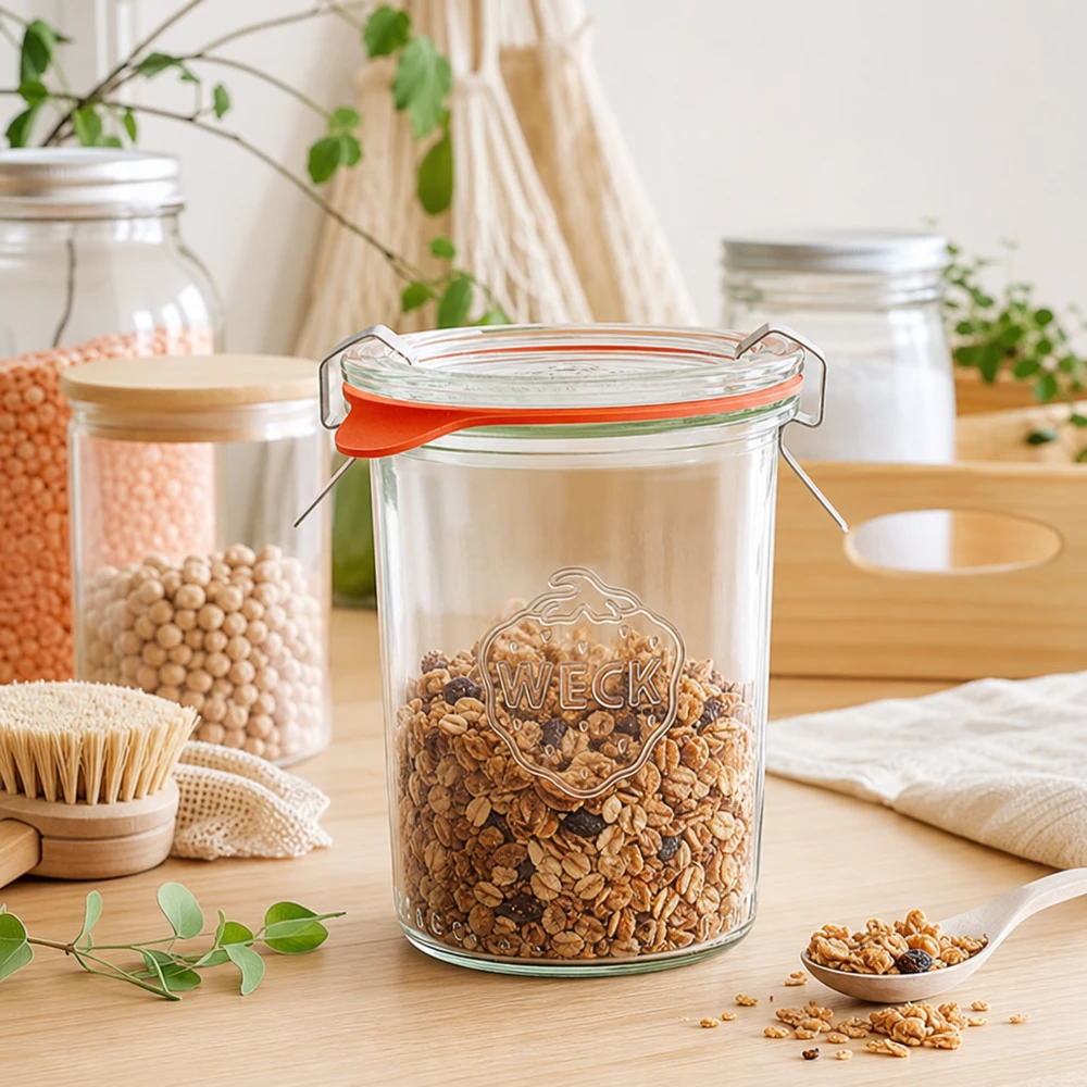 Barattolo da 160ml completo WECK RR60 WECK 160ml RR60 barattolo per muesli riempito di muesli in una cucina sostenibile a rifiuti zero per una conservazione ecologica