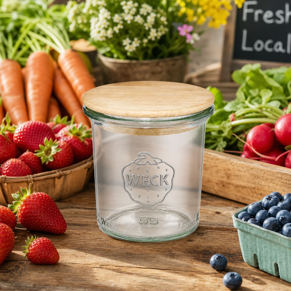 140ml Sturzglas WECK RR60 mit Holzdeckel WECK Sturzglas 140ml RR60 mit Holzdeckel umgeben von frischem Gemüse Obst auf Holztisch Bauernmarkt Atmosphäre