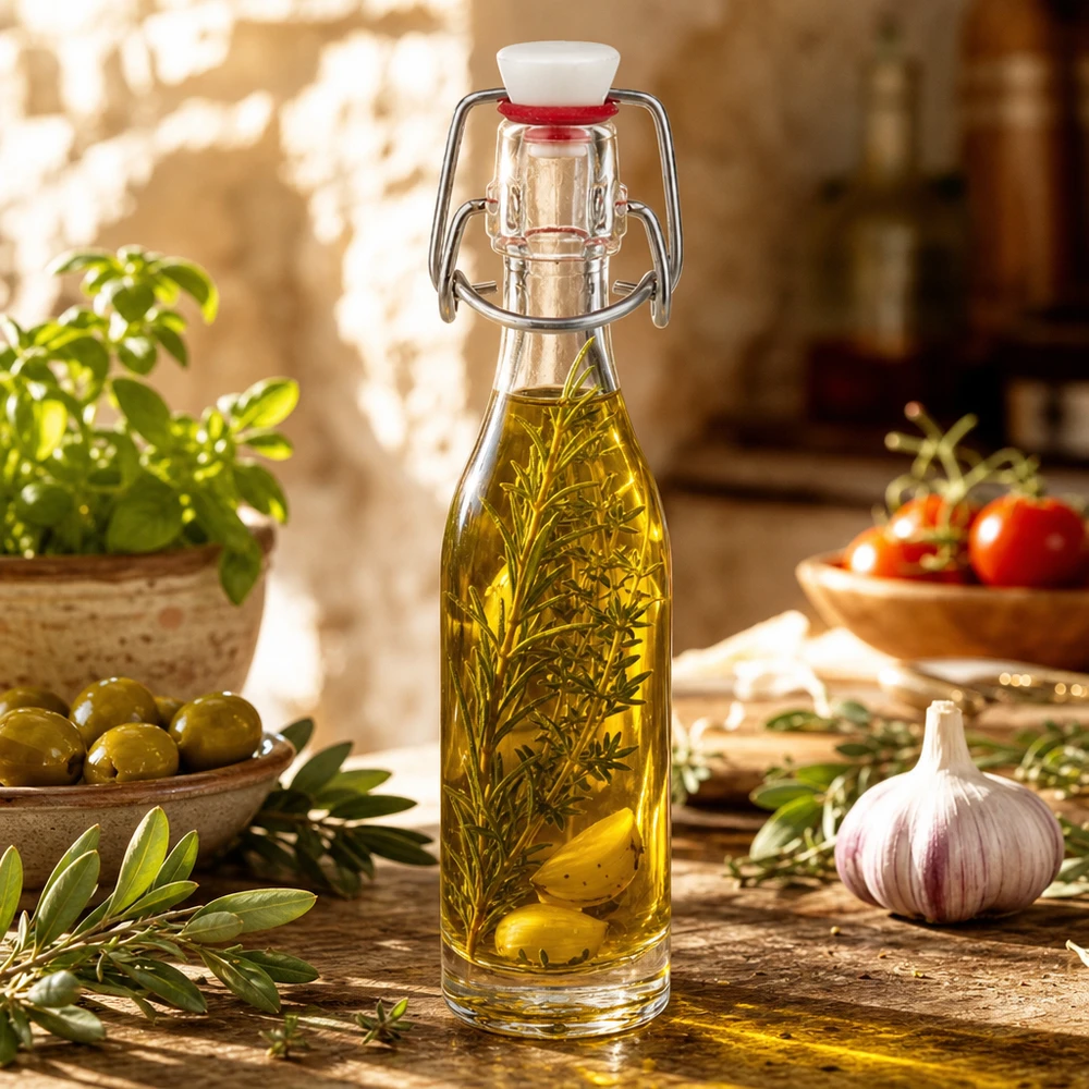 Bottiglia di vetro da 50 ml con tappo girevole riempita con olio alle erbe insieme a olive, aglio ed erbe fresche