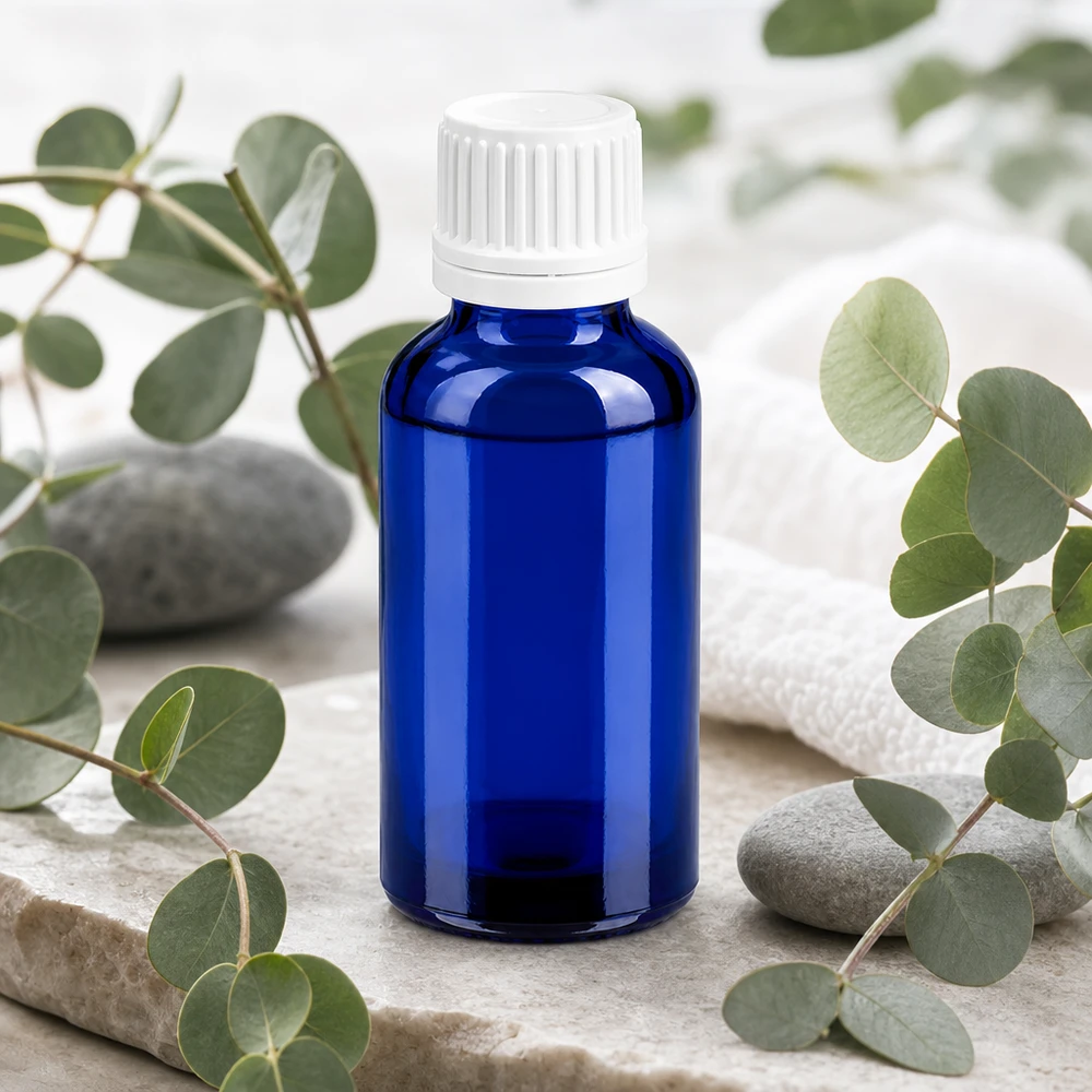 Flacone in vetro per farmacisti da 30 ml in blu con tappo bianco per applicazioni farmaceutiche