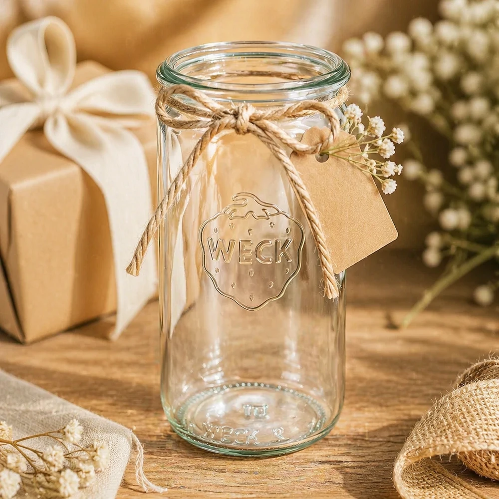 WECK Zylinderglas 340ml RR60 als Geschenk dekoriert mit Juteschnur und Anhänger in rustikaler Dekoszene