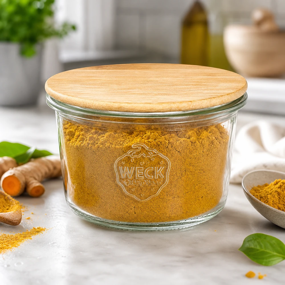 Barattolo da 80 ml WECK RR60 con coperchio in legno WECK tumbler 80ml RR60 con coperchio in bambù riempito con curcuma spezia in cucina moderna con radici fresche