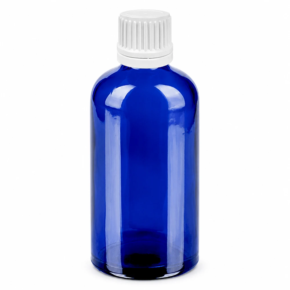 Flacone in vetro blu da 100 ml con tappo contagocce bianco e apertura di 0,7 mm per un dosaggio preciso.