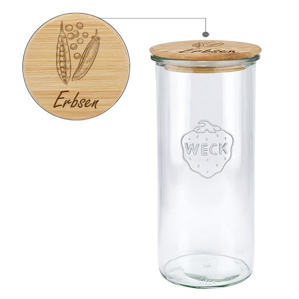 Holzdeckelset "Erbsen" mit WECK Sturzglas 1500ml Holzdeckelset "Erbsen" mit WECK Sturzglas 1500ml