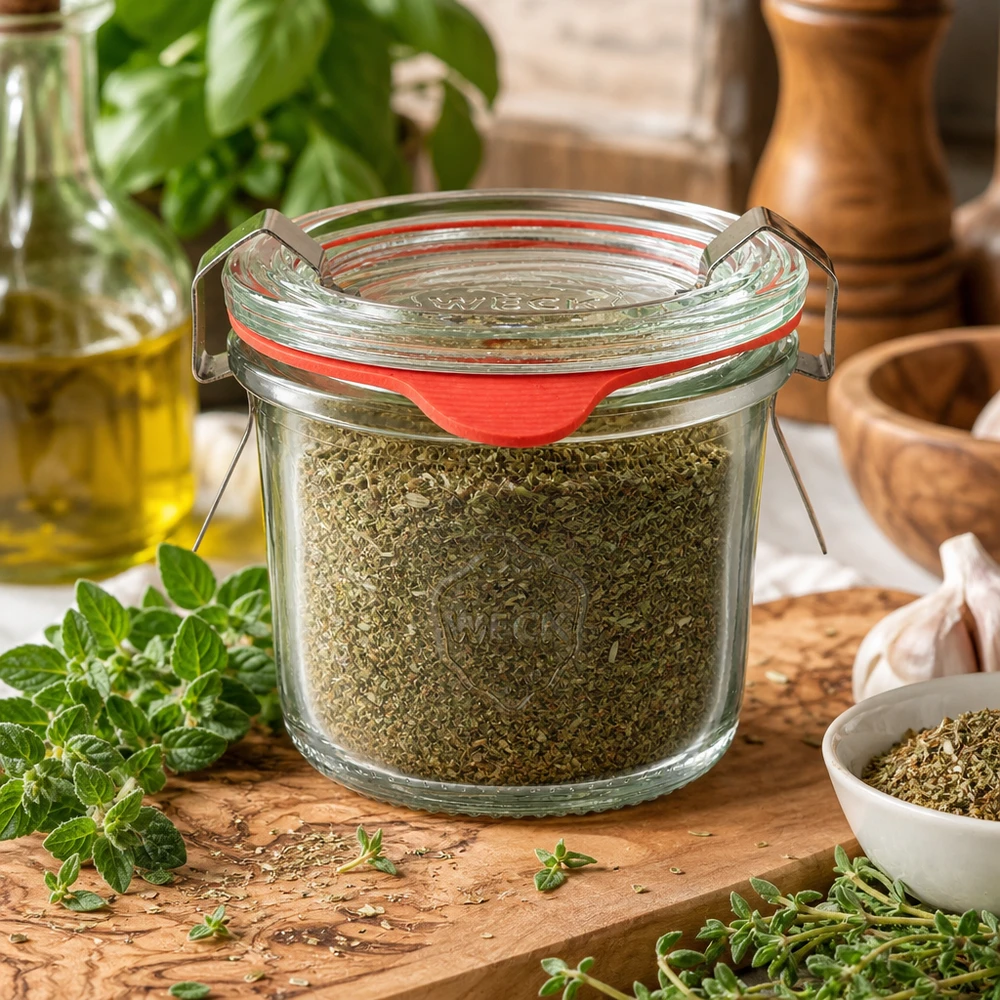 Idea barattolo per spezie: WECK mini mason jar 80ml Vasetto compatto WECK da 80 ml con erbe aromatiche circondate da timo e basilico freschi