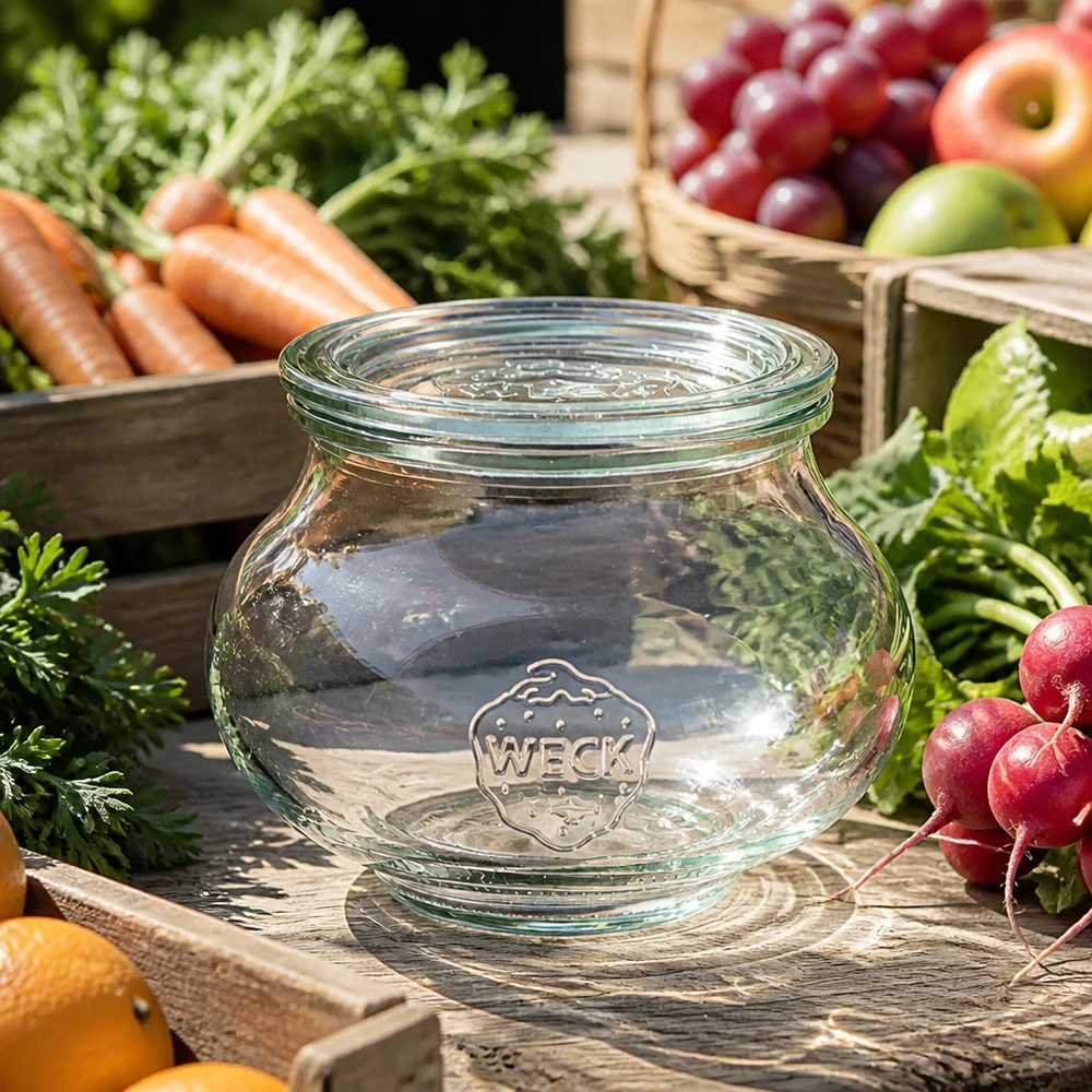 Barattolo decorativo da 560 ml con coperchio in vetro WECK RR80 WECK vaso decorativo 560ml RR80 con coperchio in vetro trasparente tra verdure fresche carote ravanelli e frutta