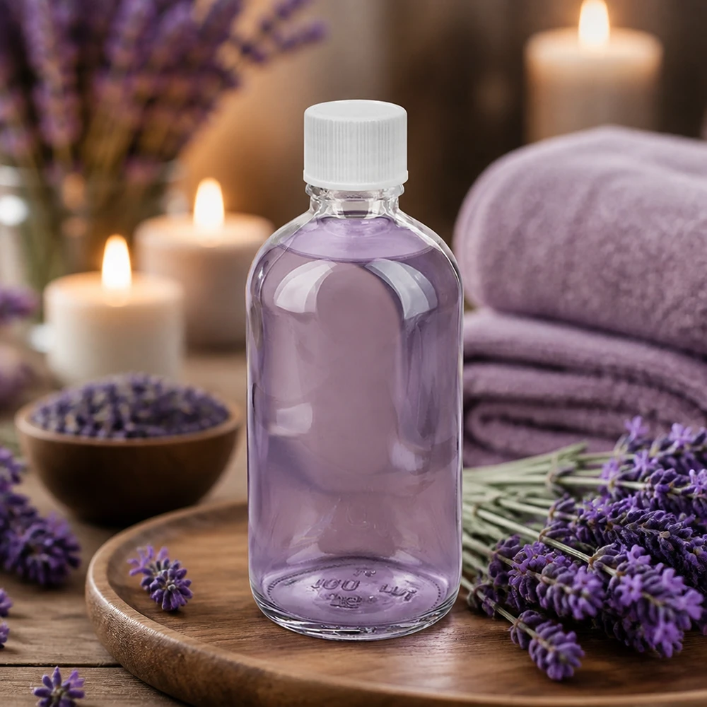 Olio aromatico alla lavanda in flacone di vetro trasparente da 100 ml con tappo bianco, serie UT18 ClearLine