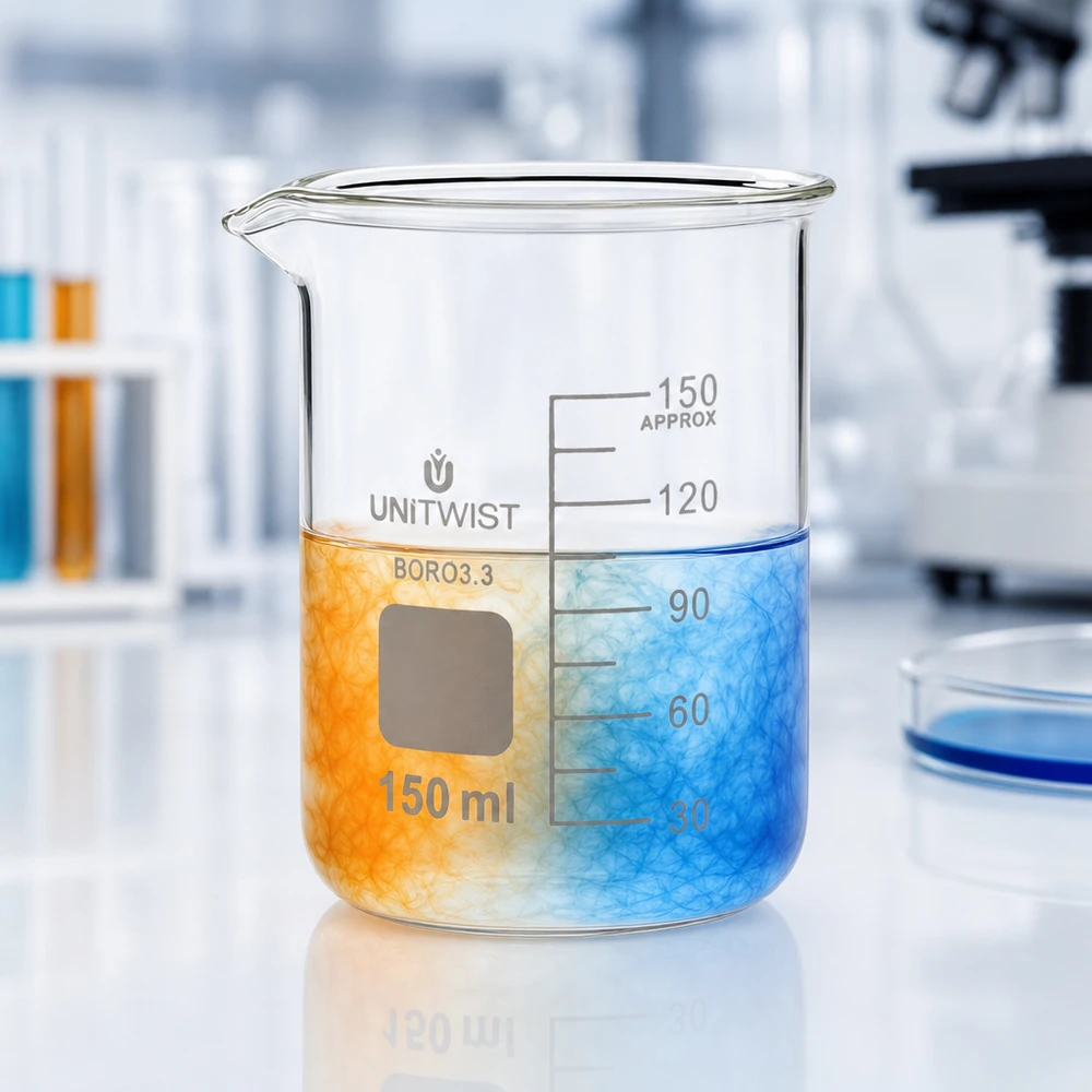 Bicchiere 150ml borosilicato, stampo basso UNiTwist Bicchiere UNiTwist da 150 ml, forma bassa, borosilicato 3.3 con miscela di colori arancione e blu
