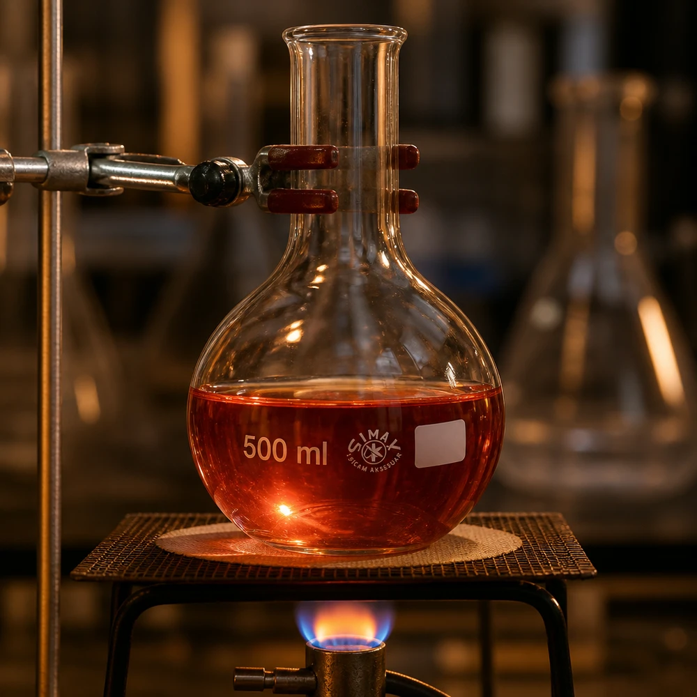 Stehkolben 500ml Enghals Laborkolben 500ml Enghals beim Heizvorgang mit charakteristischem bauchigen Design