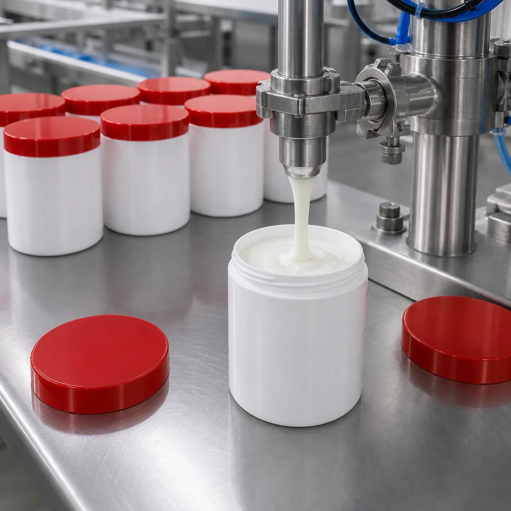 Pot à onguent blanc 200 g avec couvercle rouge (PP) Une pâte onctueuse est versée dans un pot à pommade blanc de 200 g muni d'un couvercle à vis rouge, destiné à l'industrie pharmaceutique