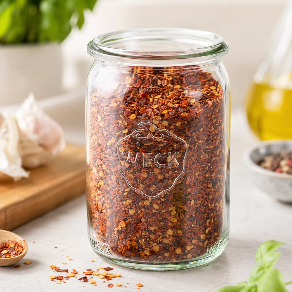Barattolo cilindrico da 145 ml WECK RR40 Barattolo WECK RR40 da 145 ml riempito con fiocchi di peperoncino rosso su un piano di lavoro bianco con aglio e olio