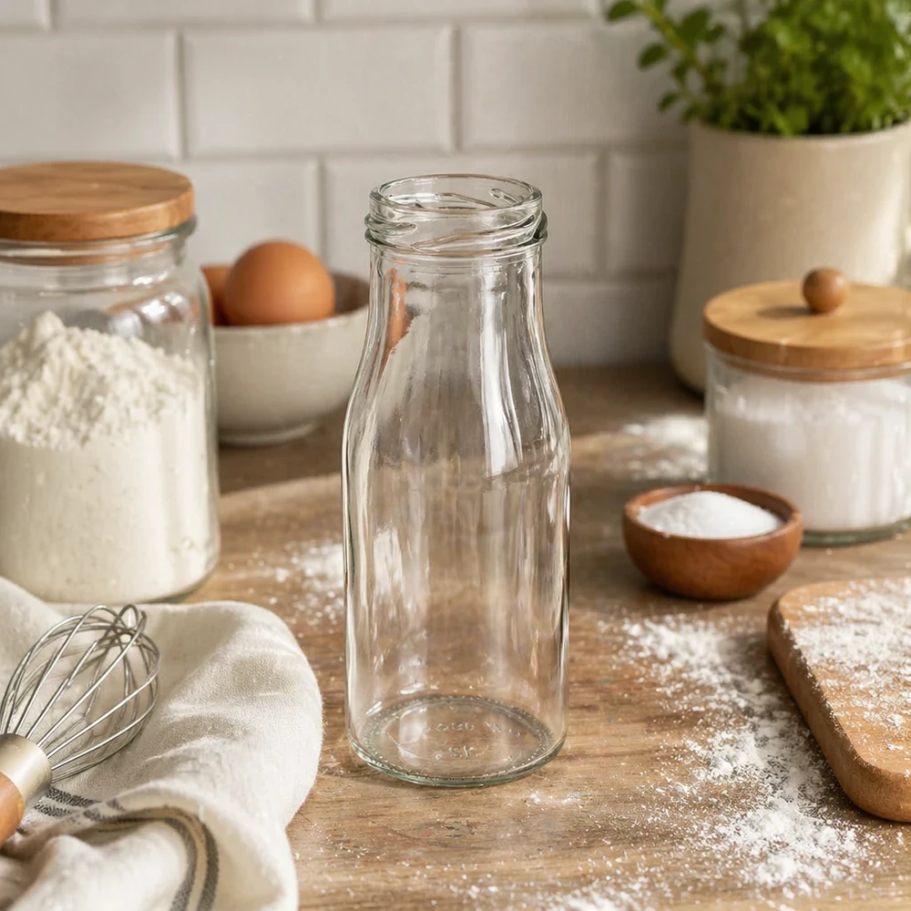 UNiTWIST Bottle150 Bottiglia di vetro 150ml TO43 in cucina moderna con utensili da forno e barattoli di stoccaggio