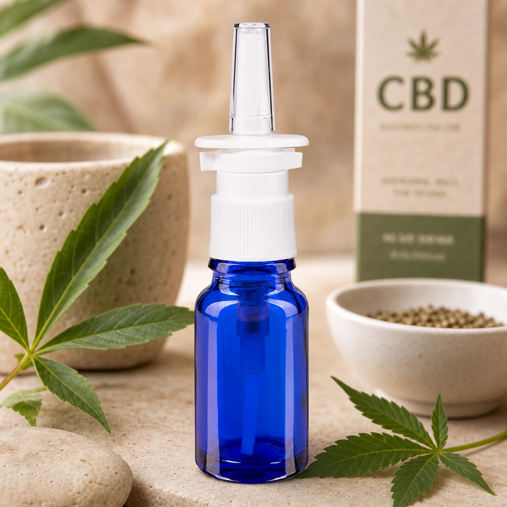 Apothekenflasche blau 10ml Nasenzerstäuber weiß Standard 10ml Nasensprayflasche aus blauem Schutzglas neben Hanfsamen und Natursteinen