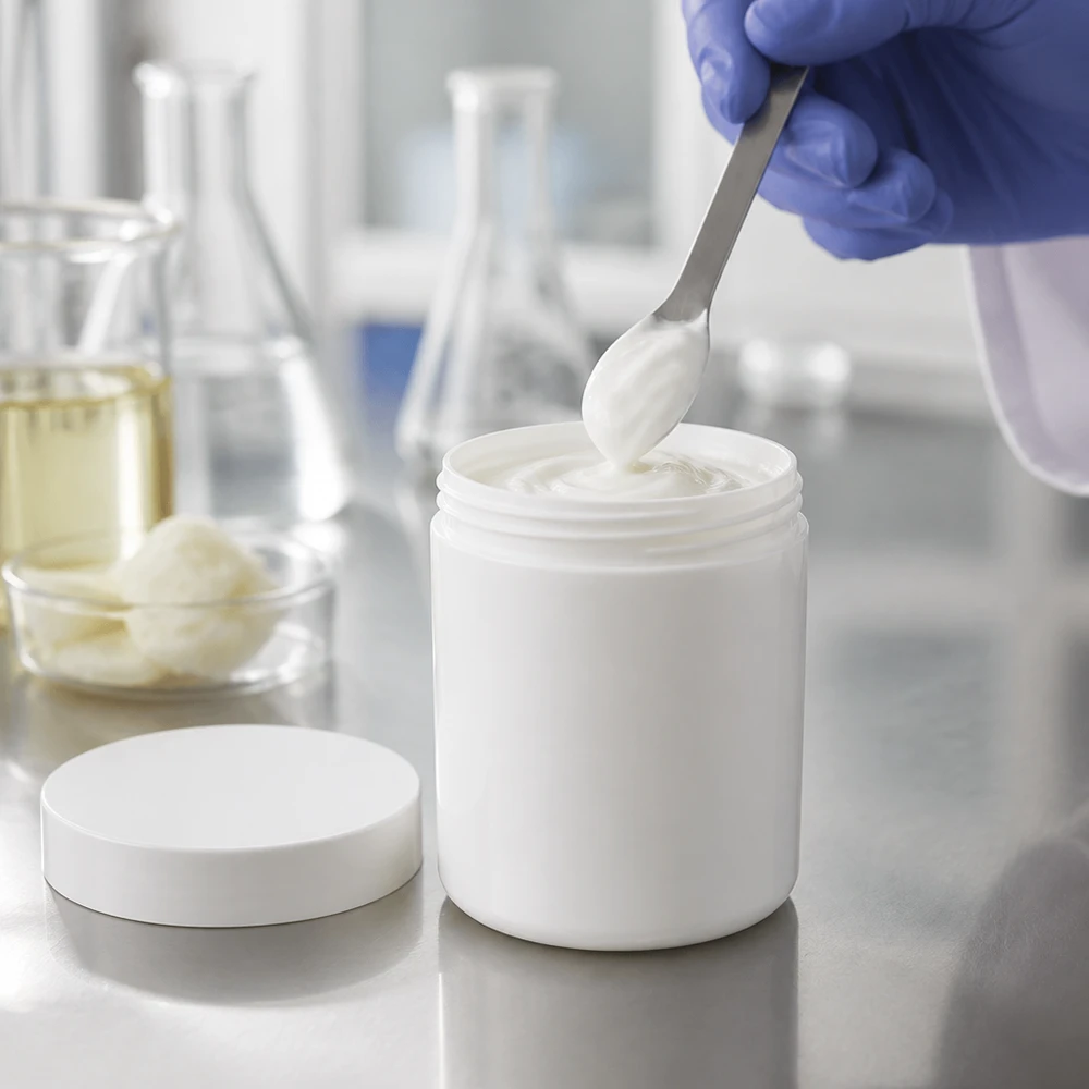 Prélèvement de pommade à l'aide de gants à partir d'un pot en plastique blanc de 800 g à large goulot