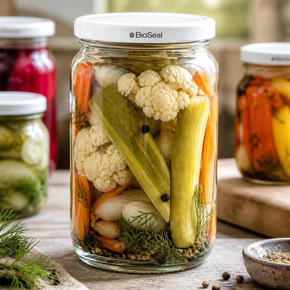 795ml Rundglas mit BioSeal Deckel weiß UNiTWIST UNiTWIST Runda795 Glas mit eingelegtem Mischgemüse - ideal für Pickles und fermentierte Lebensmittel