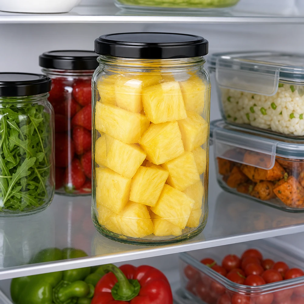 Barattolo rotondo da 305 ml con coperchio BasicSeal nero UNiTWIST Barattolo rotondo UNiTWIST da 305 ml con coperchio nero pieno di ananas in frigo per la conservazione degli alimenti