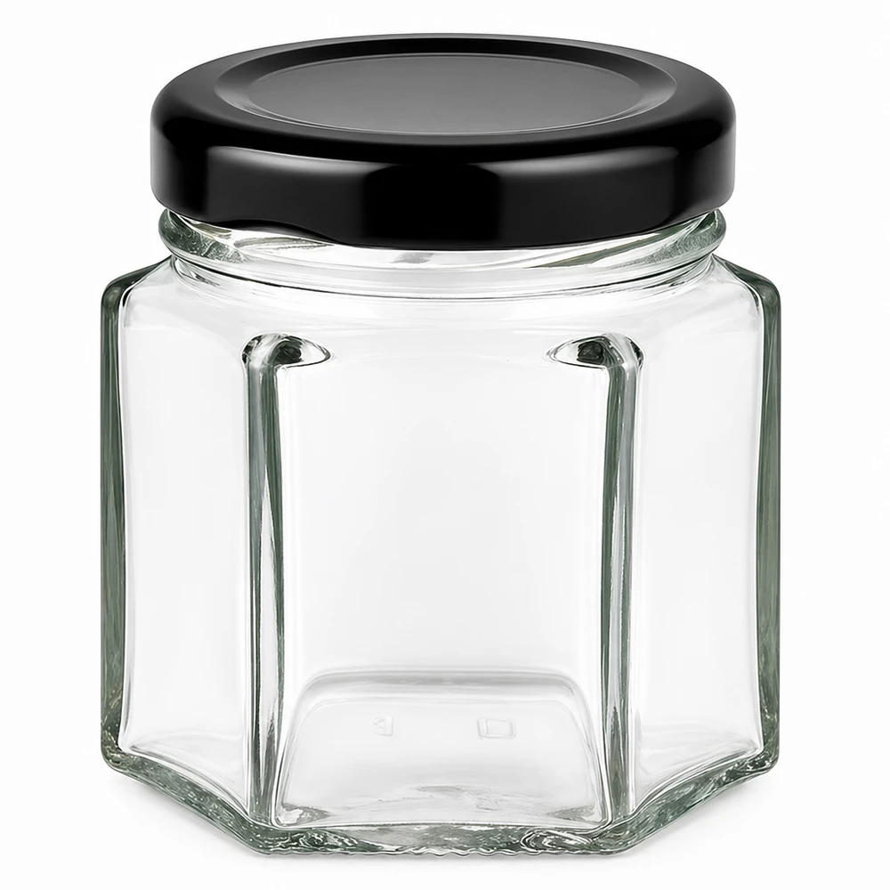 Barattolo di vetro esagonale da 47 ml con coperchio nero BasicSeal - barattolo di vetro esagonale per alimenti e conservazione