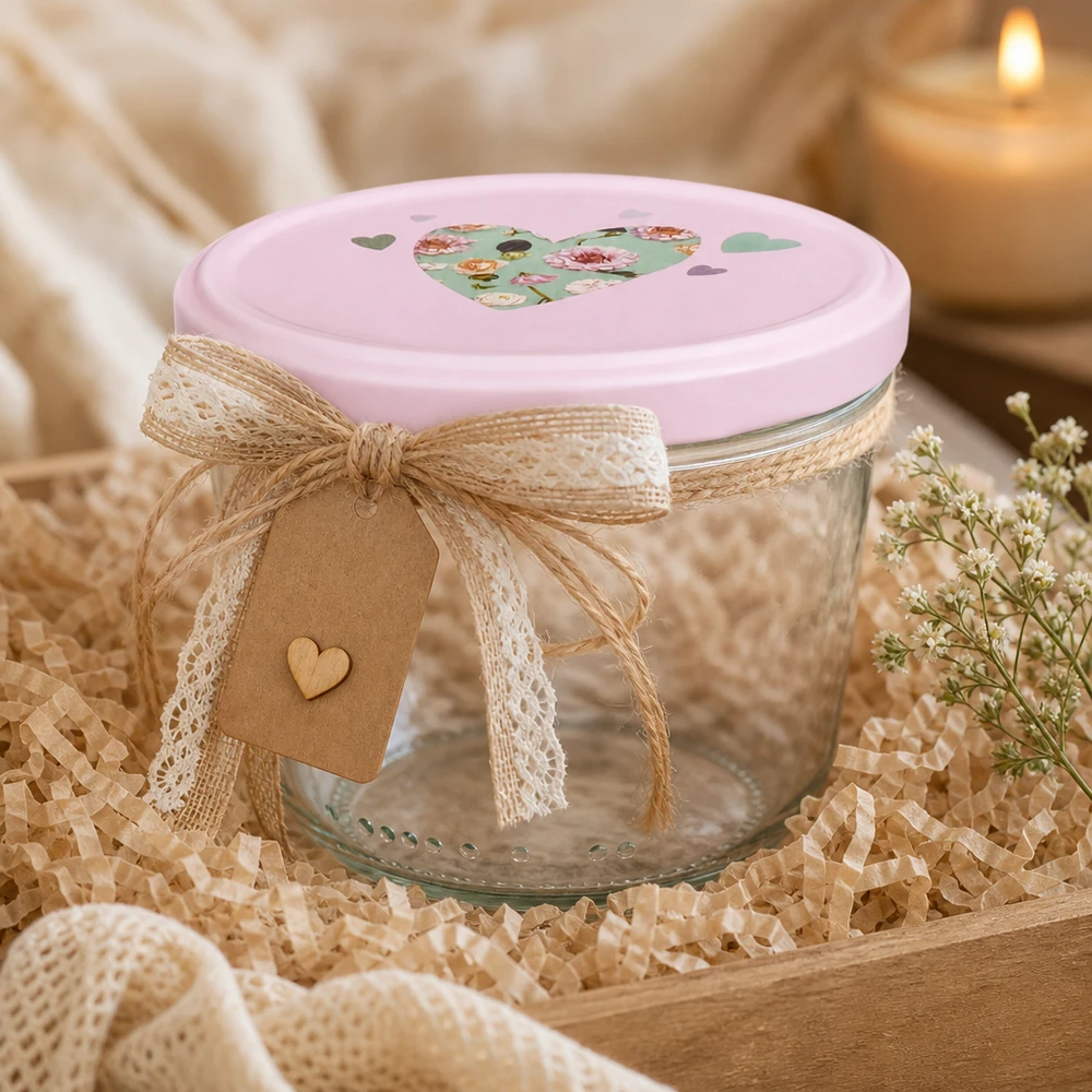 230ml Sturzglas + BasicSeal Deckel Herz rosa UNiTWIST Sturzglas 230ml mit rosa Herz-Deckel dekorativ mit Juteschleife und Geschenkanhänger als Geschenkverpackung arrangiert