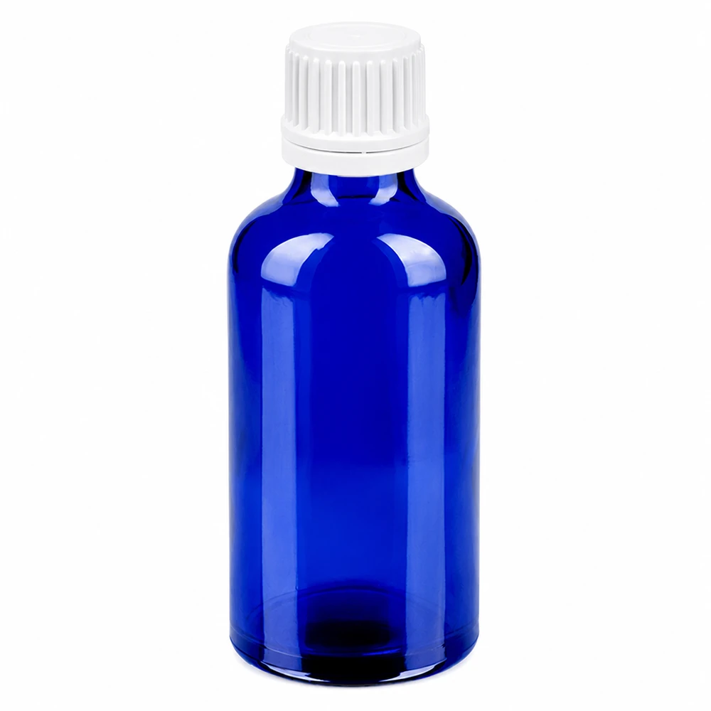 Flacon 50ml 11mm SV blanc OV BlueLine UT18/50 Flacon compte-gouttes rond de 50 ml avec bouchon blanc et design élégant en verre bleu