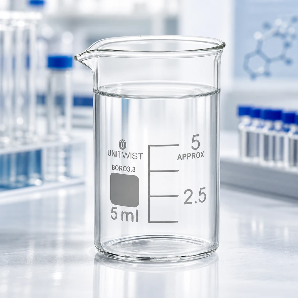 Bicchiere 5ml in borosilicato, forma bassa UNiTWIST Bicchiere di vetro trasparente da 5 ml UNiTWIST in borosilicato 3.3, forma bassa con scala bianca