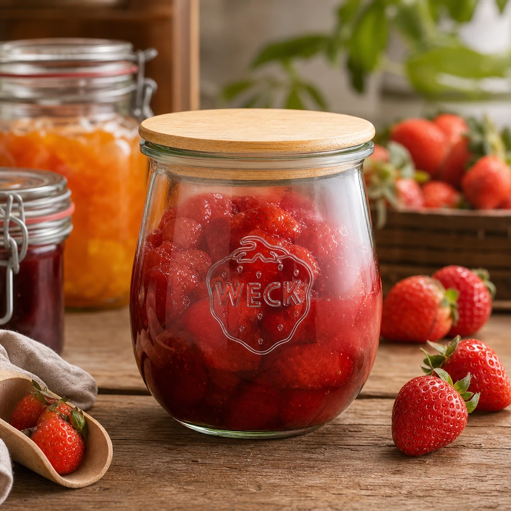 220ml Tulpenglas WECK RR60 mit Holzdeckel WECK Tulpenglas 220ml mit Holzdeckel gefüllt mit Erdbeermarmelade - Einmachglas für Konfitüre und Aufstriche