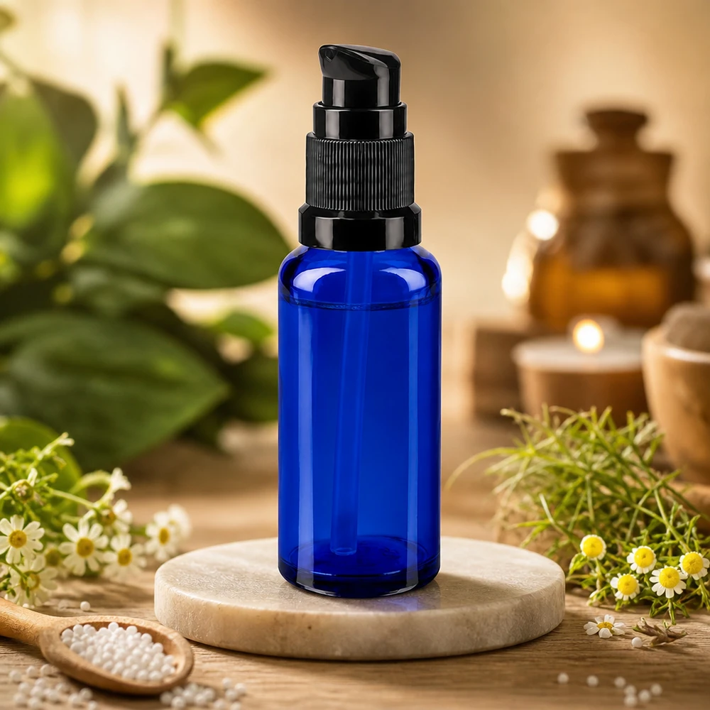 Apothekenflasche blau 30ml PumpVerschluss schwarz Standard Blaue 30ml Tropfflasche mit schwarzer Dosierpumpe neben Holzlöffel und Wildblumen