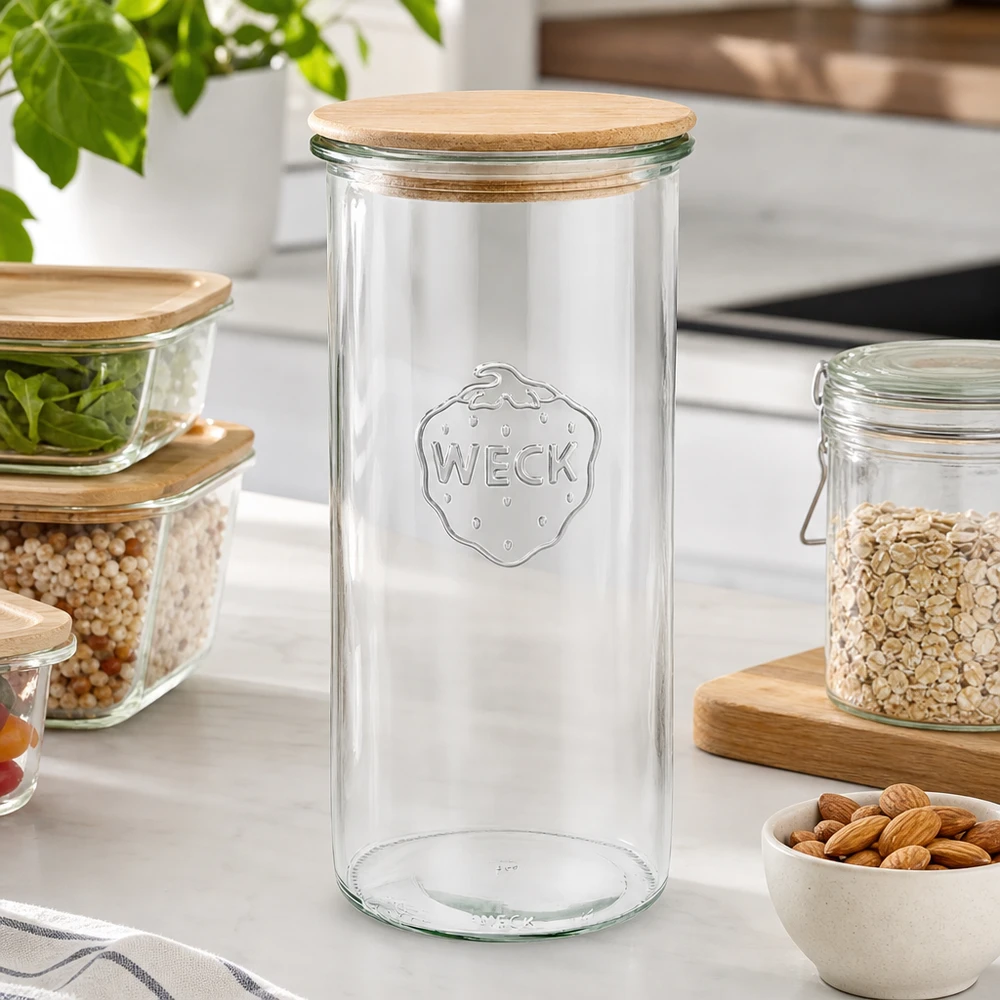 1500ml Sturzglas WECK RR100 mit Holzdeckel WECK Sturzglas 1500ml RR100 leer mit Holzdeckel in moderner Küche umgeben von gefüllten Vorratsgläsern mit Nüssen