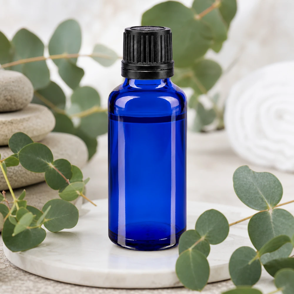 Flacon en verre bleu cobalt de 30 ml, muni d'un bec verseur de 1 mm et d'un bouchon d'inviolabilité noir