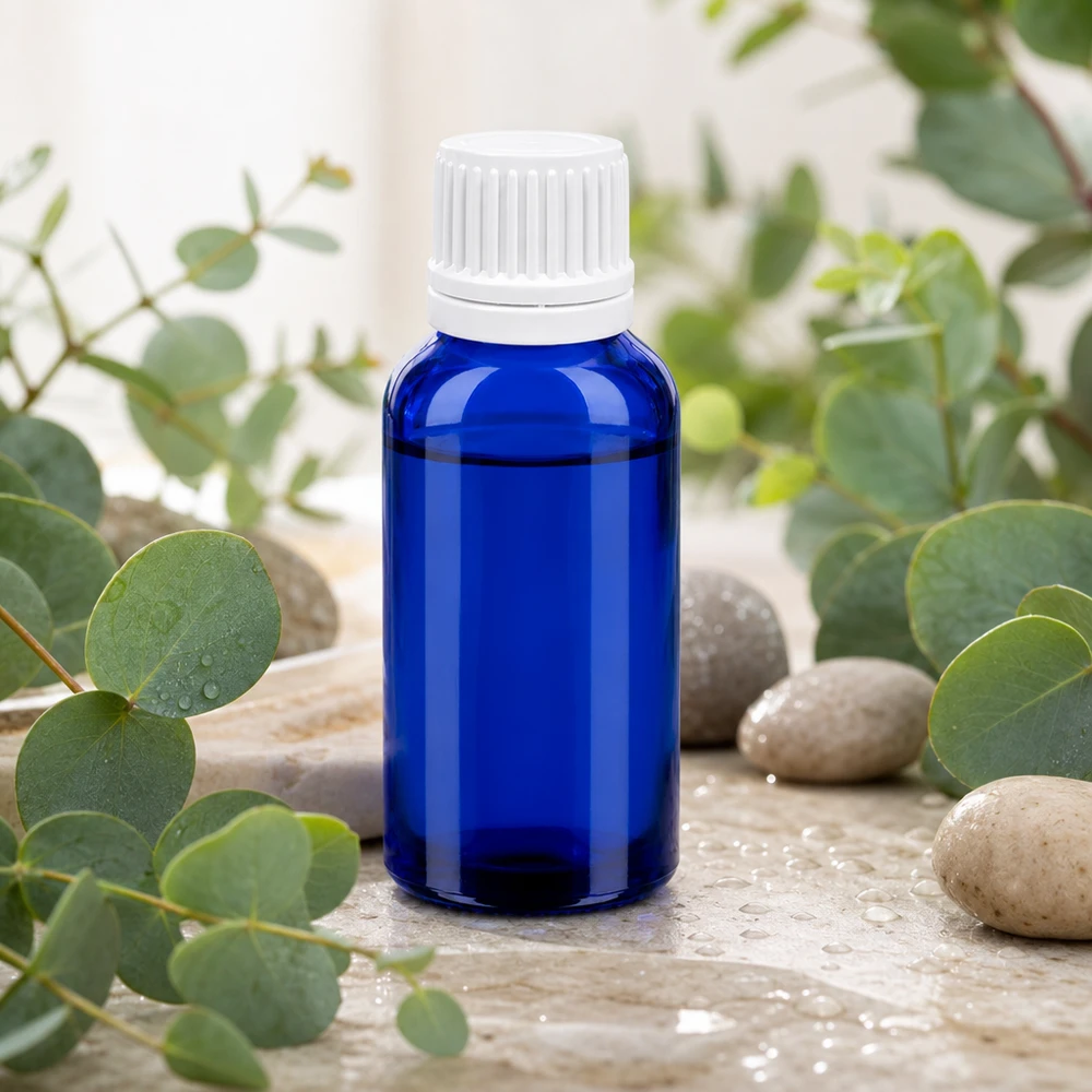 Flacone contagocce da 30 ml 0,7 mm bianco OV BlueLine UT18/30 Elegante flacone in vetro blu da 30 ml con contagocce bianco per un'applicazione precisa degli oli