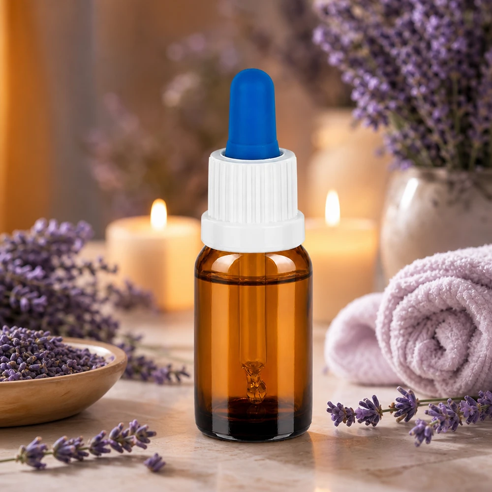 Flacone da 10 ml in vetro ambrato con protezione UV, tappo a vite bianco e puntale blu.