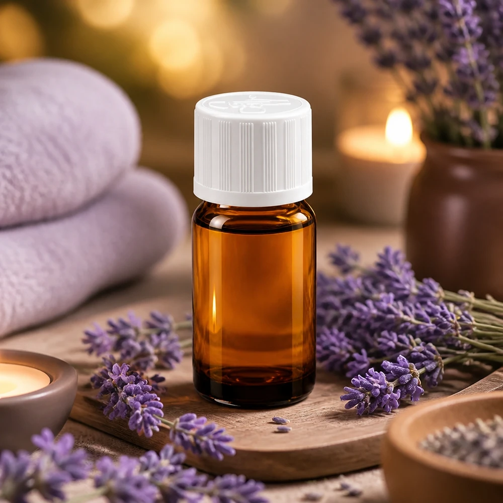 Flacone per aromaterapia da 5 ml in vetro marrone con tappo bianco ideale per olio di lavanda e benessere