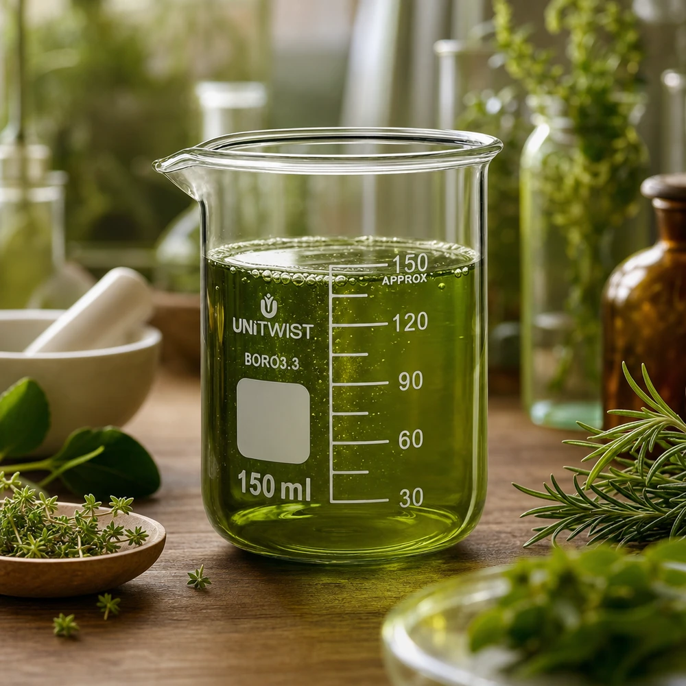 Bicchiere 150ml borosilicato, stampo basso UNiTwist Bicchiere UNiTwist da 150 ml in borosilicato 3.3, forma bassa, con estratto di erbe verde