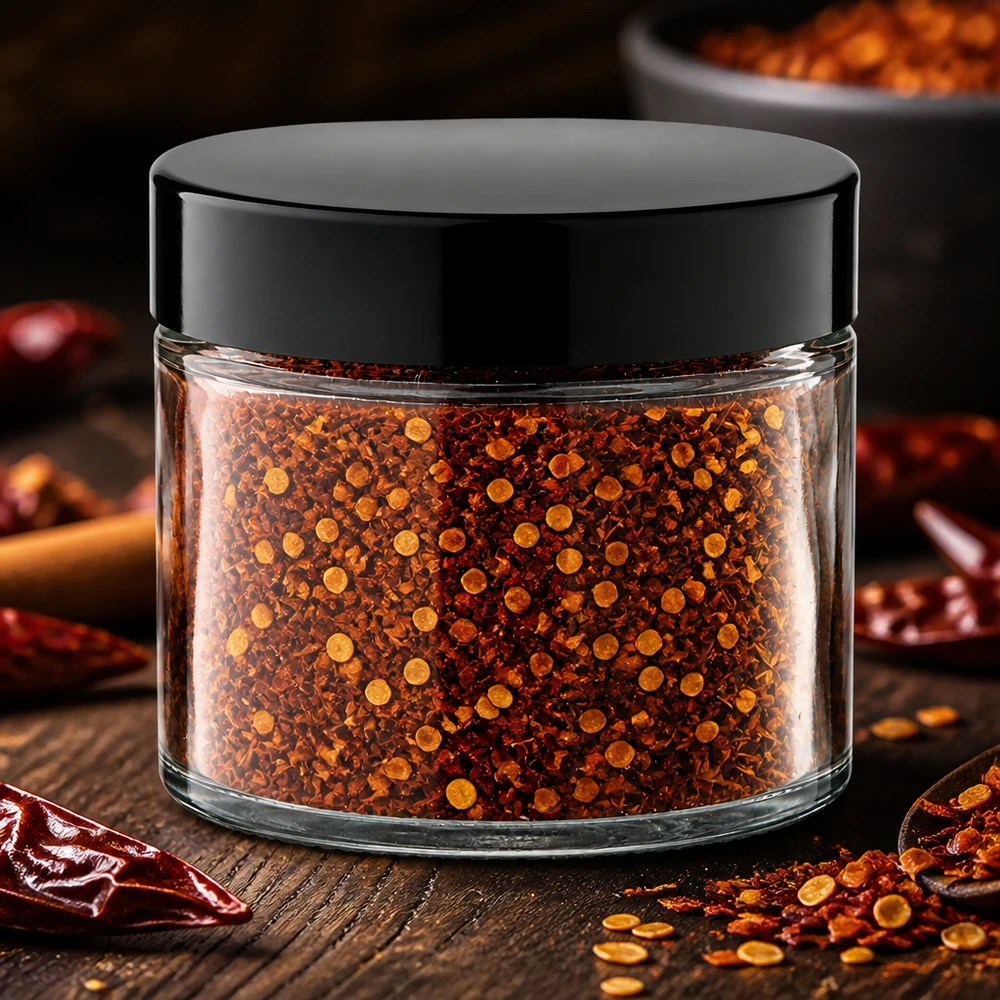 Idea per le spezie: barattolo in vetro trasparente da 30 ml con tappo a vite Vasetto di vetro richiudibile da 30 ml, trasparente, con fiocchi di peperoncino essiccati e semi