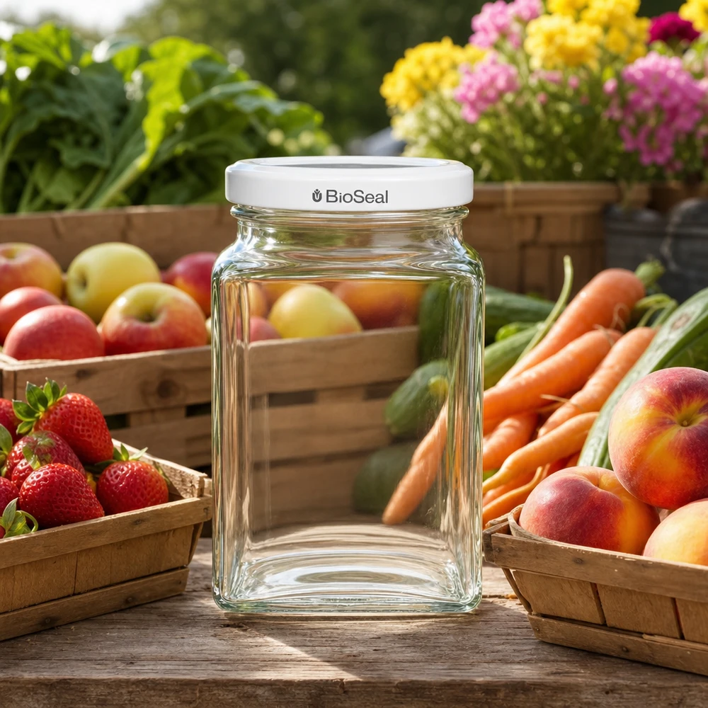 UNiTWIST Tetra260 vaso in muratura vuoto su tavolo di legno con frutta fresca verdura bianca TO58 coperchio BioSeal giardino esterno