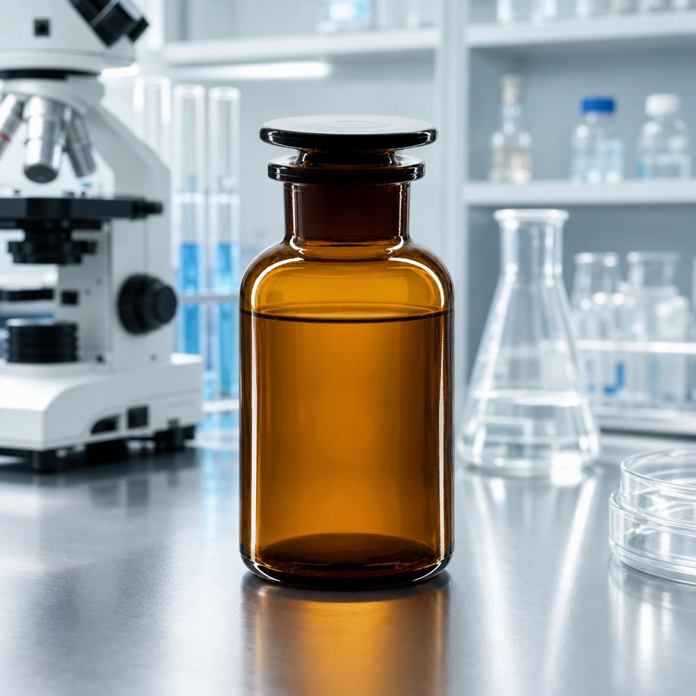 Fiamma da laboratorio, flacone in vetro ambrato da 250 ml a collo largo con tappo di vetro, accanto a un microscopio e a un matraccio di Erlenmeyer