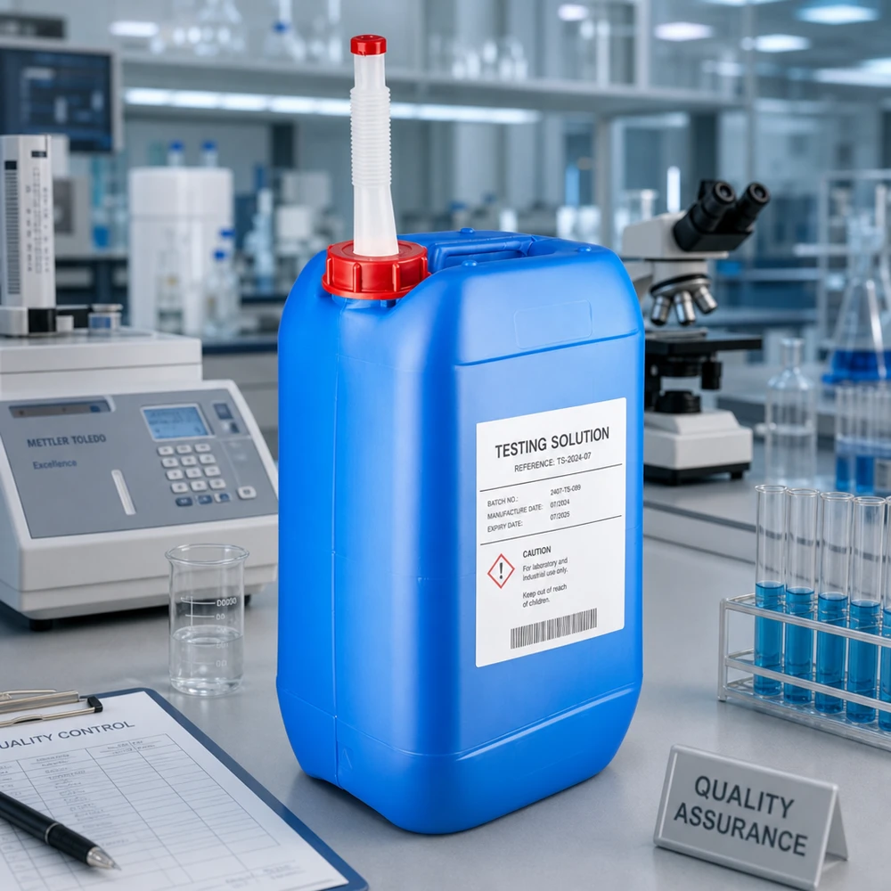 Bidon 15 litres bleu avec tube de vidange Flex Bidon de laboratoire bleu de 15 L avec bec verseur flexible et étiquette portant les symboles de danger GHS