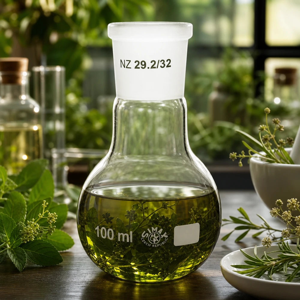 Robusto matraccio verticale da 100 ml con base larga e fondo standard 29/32 per un supporto sicuro