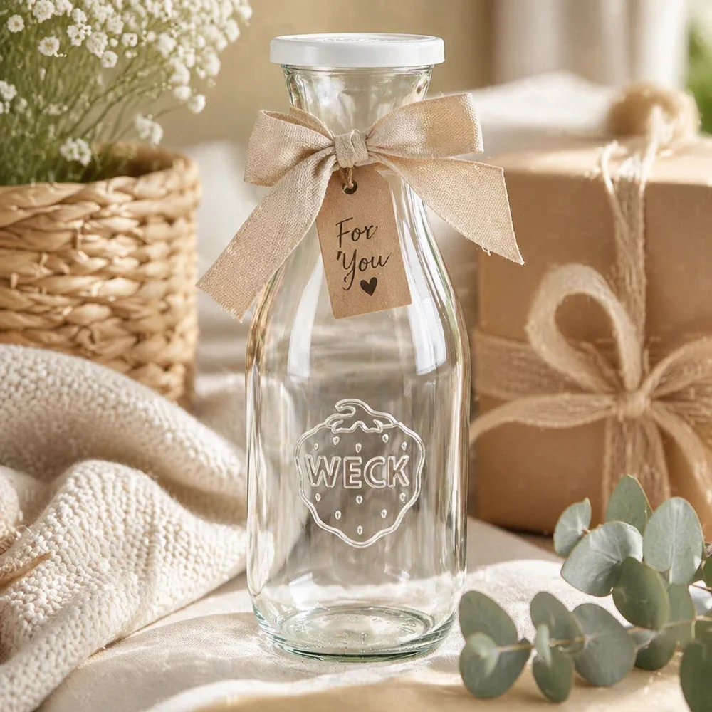 Bottiglia per succhi da 1062 ml con coperchio salva-freschezza WECK RR60 Bottiglia di succo WECK da 1062 ml in regalo con fiocco e etichetta For You in una scena decorativa rustica