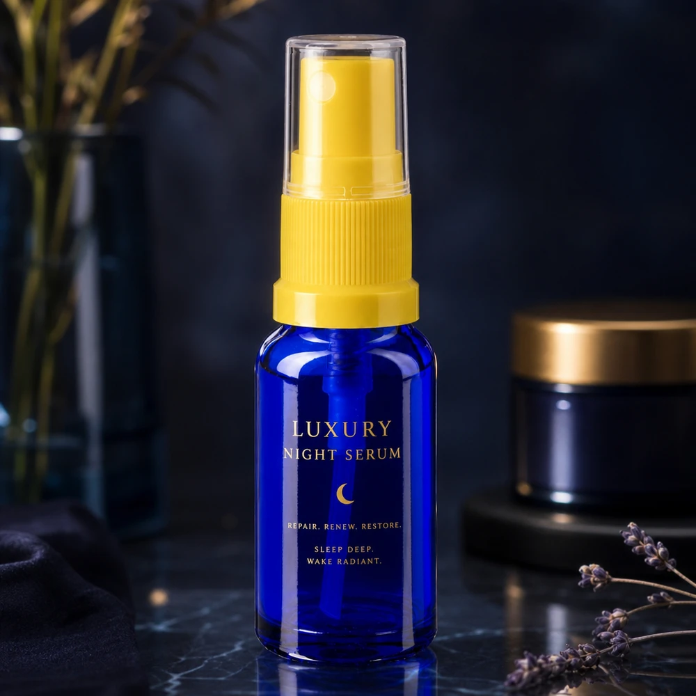 Apothekenflasche blau 30ml Sprayaufsatz gelb Dunkelblaue 30ml Glasflasche mit gelbem Feindosierer transparenter Kappe für Kosmetikserum