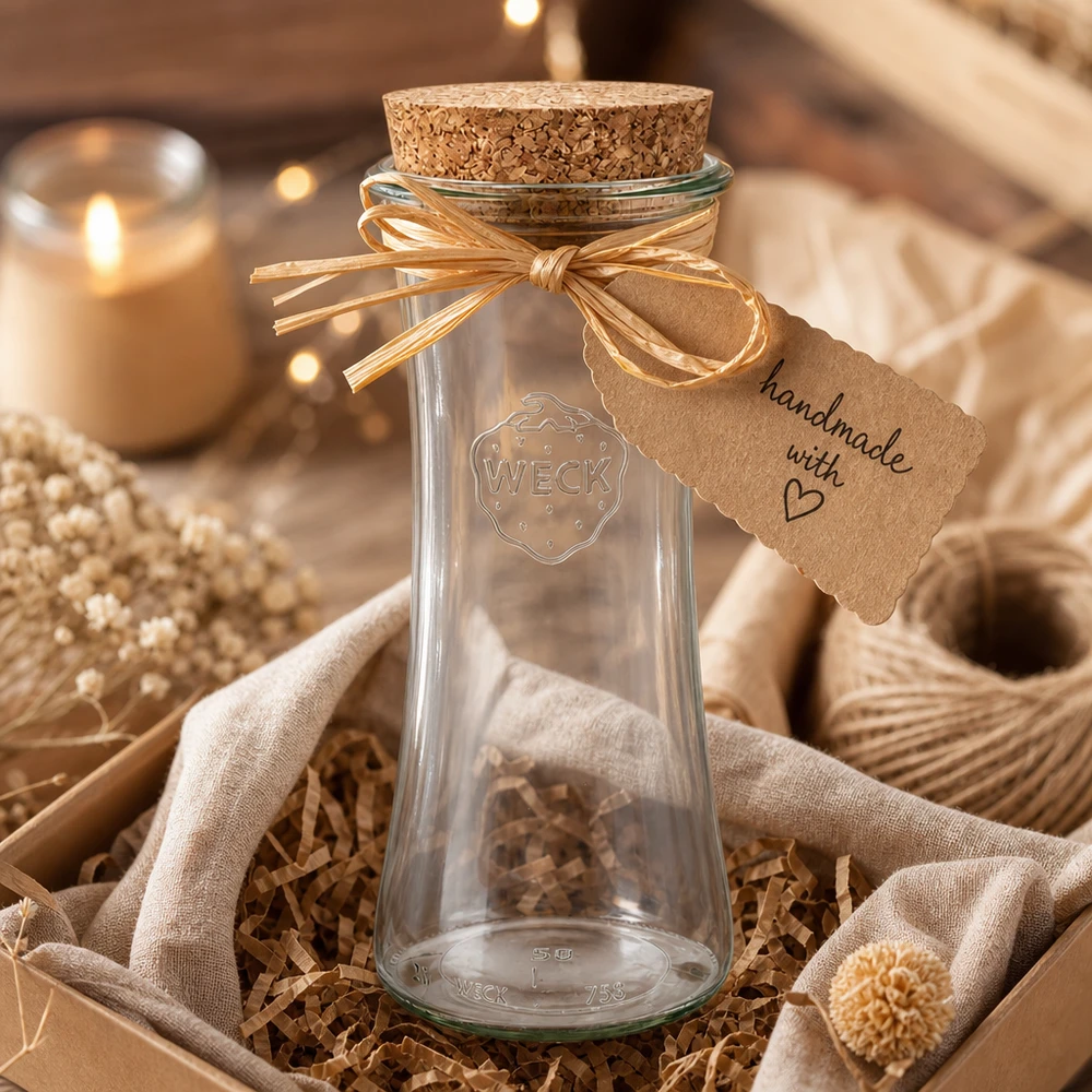 Vaso da 700 ml per gastronomia WECK RR80 con tappo in sughero naturale WECK RR80 vaso 700ml con tappo in sughero come regalo fatto a mano, decorato con un fiocco e un ciondolo in un'atmosfera rustica
