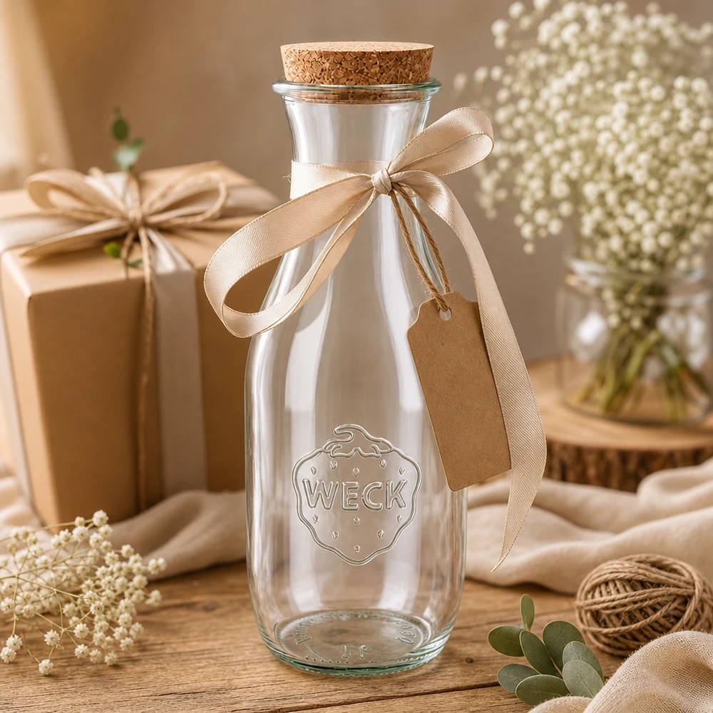 Bottiglia per succo di frutta da 1062 ml WECK RR60 con tappo in sughero naturale Bottiglia di vetro WECK da 1062 ml in regalo decorata con fiocco beige e ciondolo accanto a gypsophila e scatola regalo